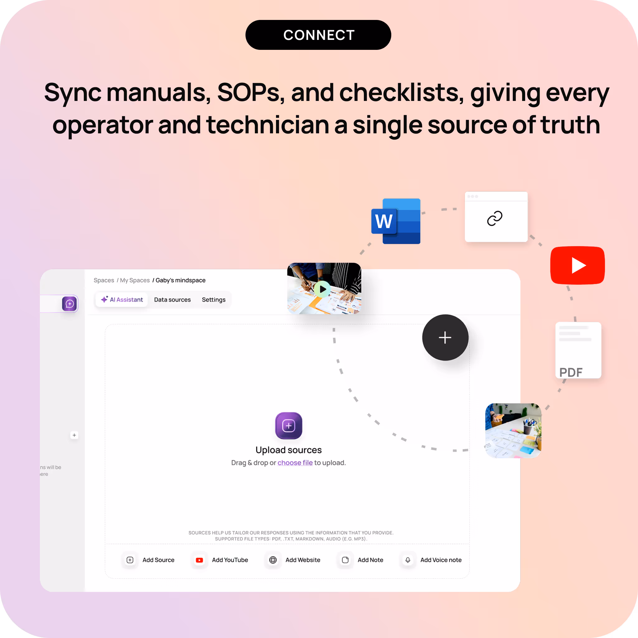 User interface for syncing manuals, SOPs, and checklists with options to upload sources, YouTube videos, websites, notes, and voice notes, displayed on a pink and purple gradient background.