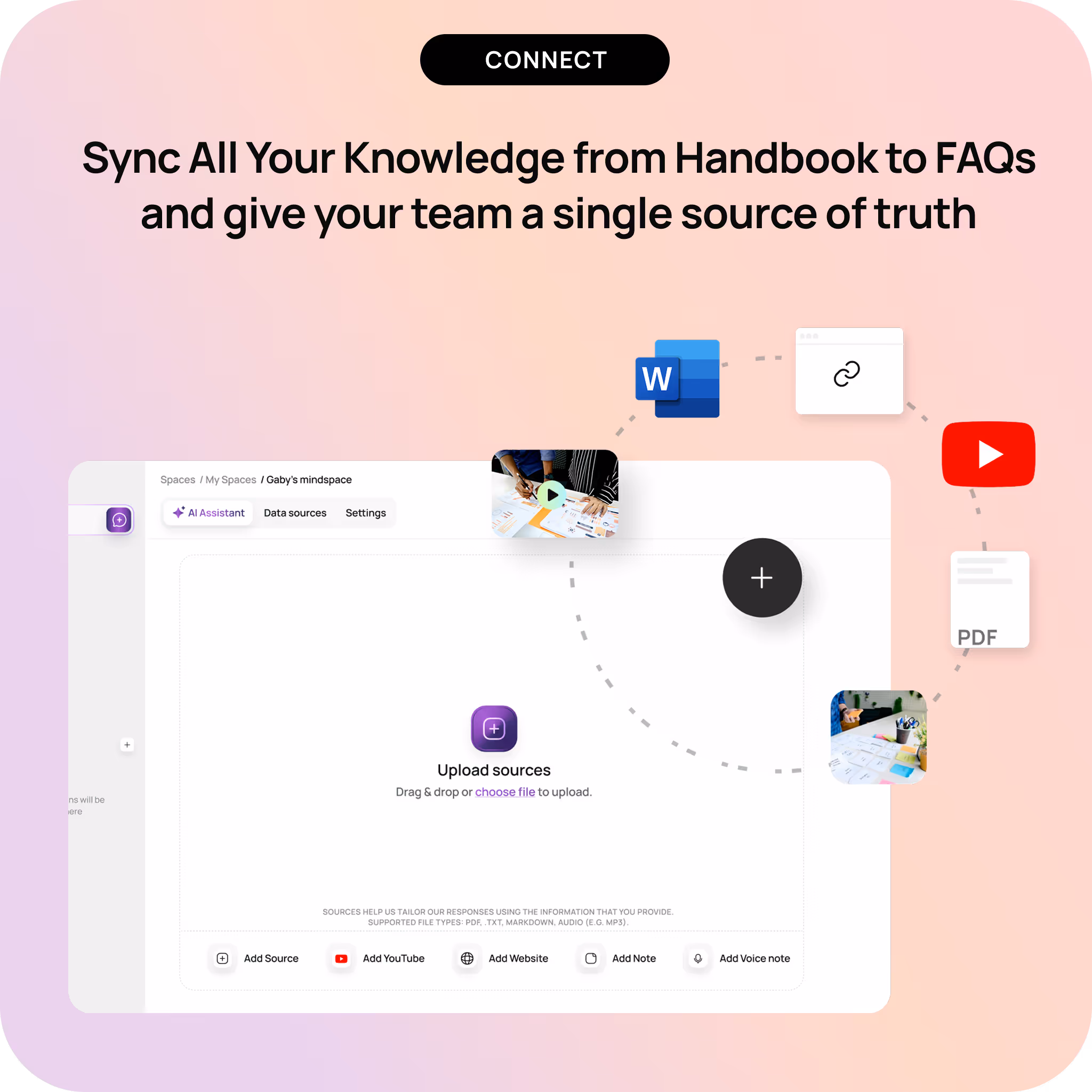User interface screen with options to upload sources like PDF, Word, YouTube, and websites, with the heading Sync All Your Knowledge from Handbook to FAQs.