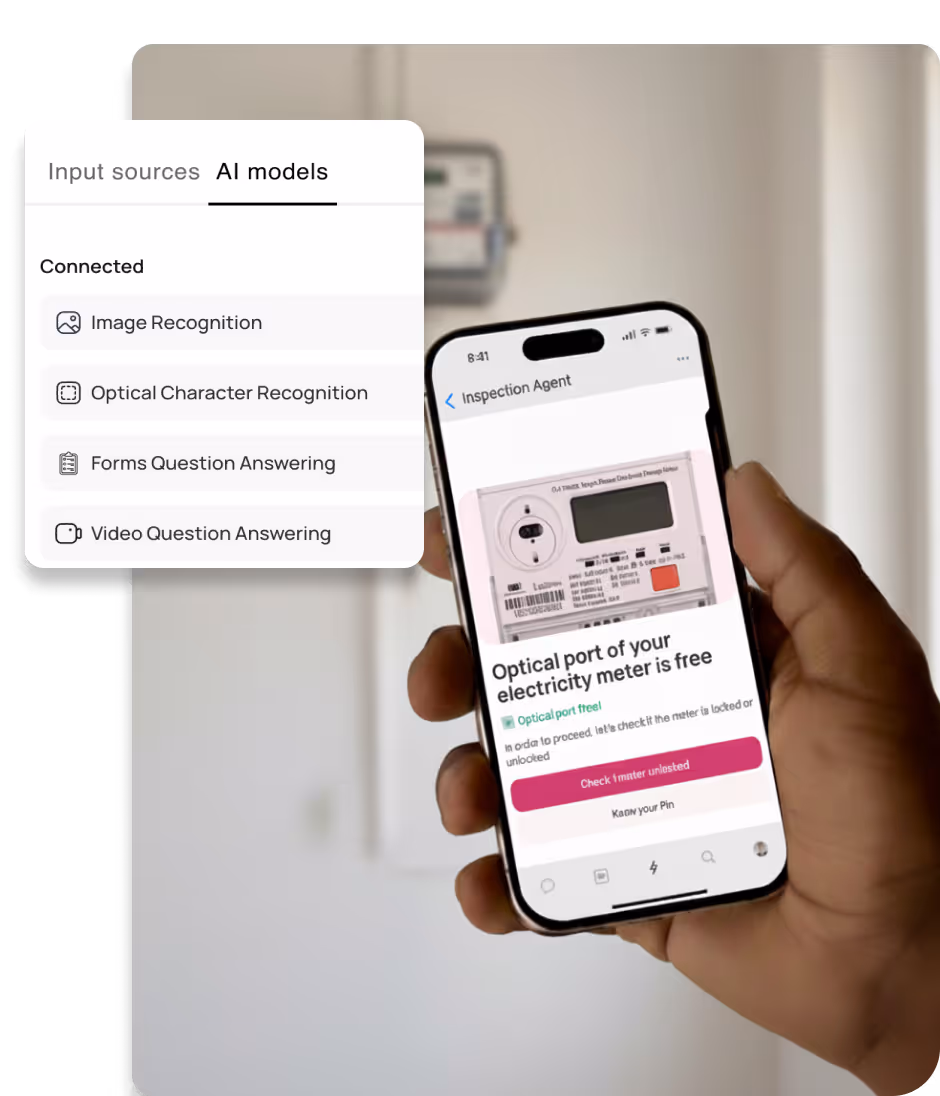 Hand holding smartphone displaying an app checking if the optical port of an electricity meter is free, with a menu showing connected AI models like Image Recognition and Optical Character Recognition.