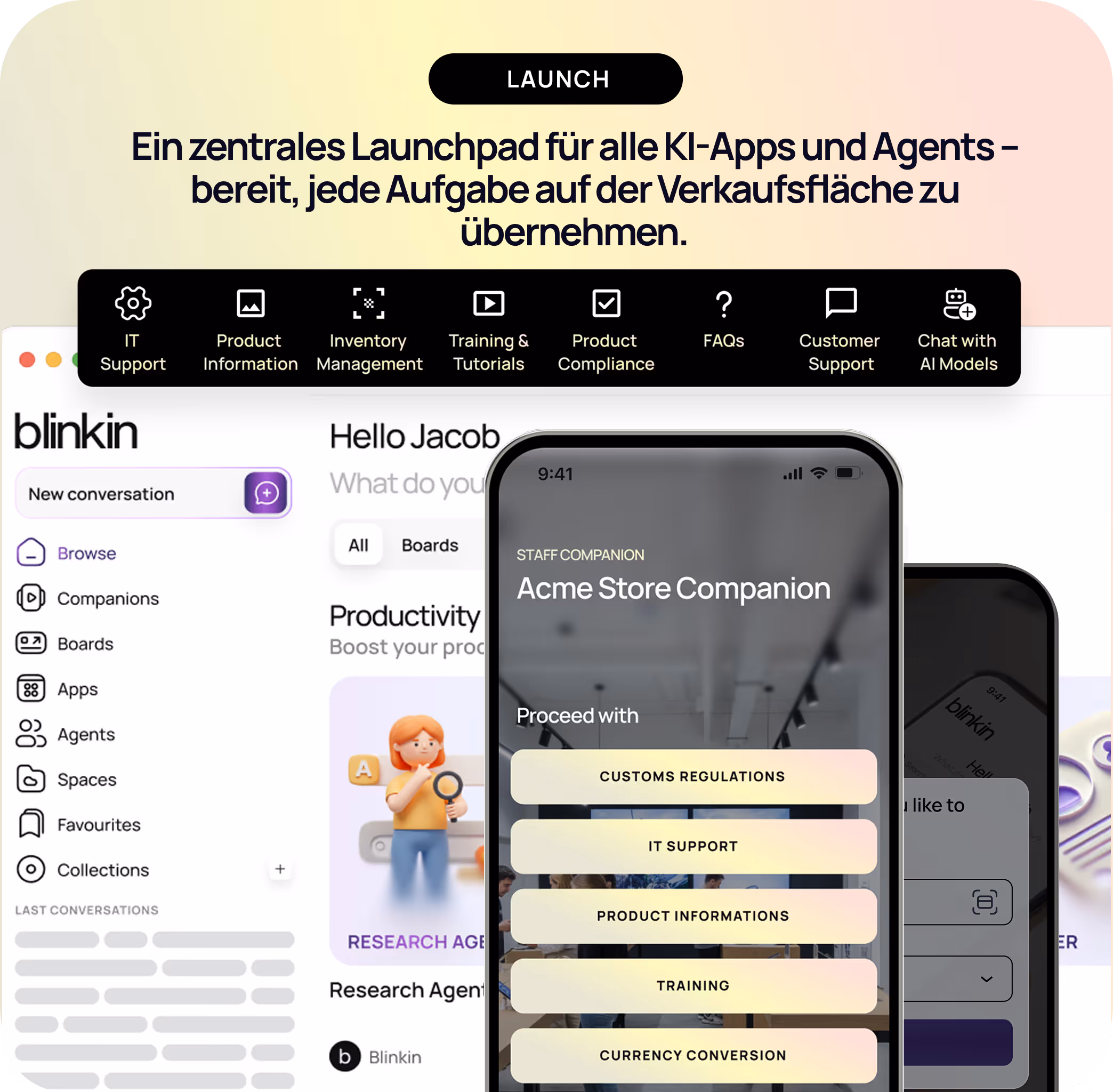 Interface of Blinkin app showing a central launchpad for AI apps and agents with options like IT Support, Product Information, Inventory Management, and Training displayed on a phone and computer screen.
