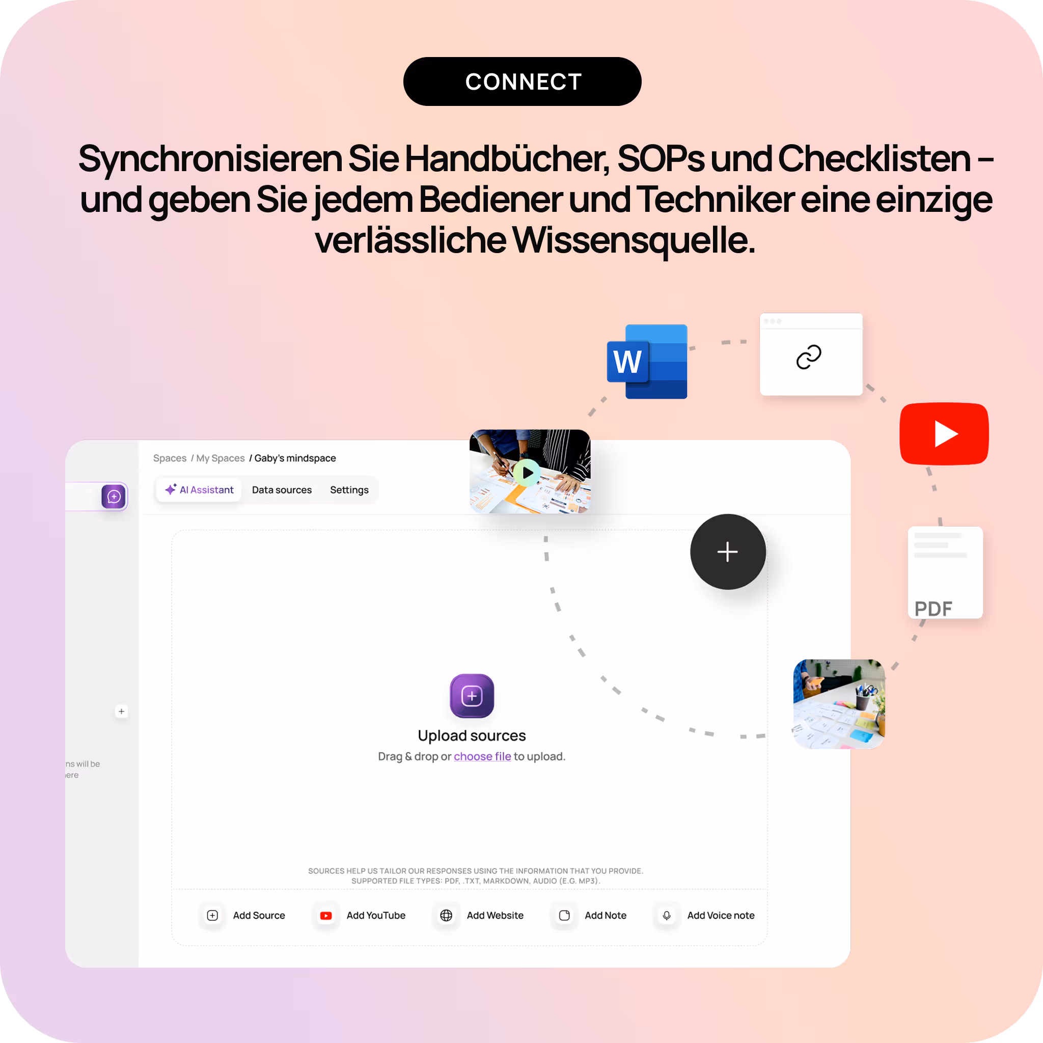Interface for uploading and syncing manuals, SOPs, and checklists from Word, YouTube, PDFs, and websites for a reliable knowledge source.