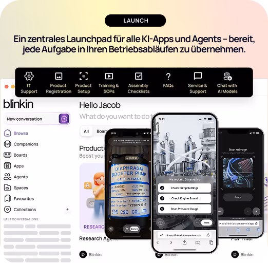 User interface for Blinkin Agentic Collection showing categories like Marketing, Technology, Sales, and Finance, with a focus on Visual Brand Compliance including agent skills such as File Reader, Image analysis, Audio analysis, and Video analysis.