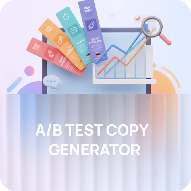 Illustration of colorful cards labeled with marketing terms next to a rising line graph under a magnifying glass, above the text A/B Test Copy Generator.
