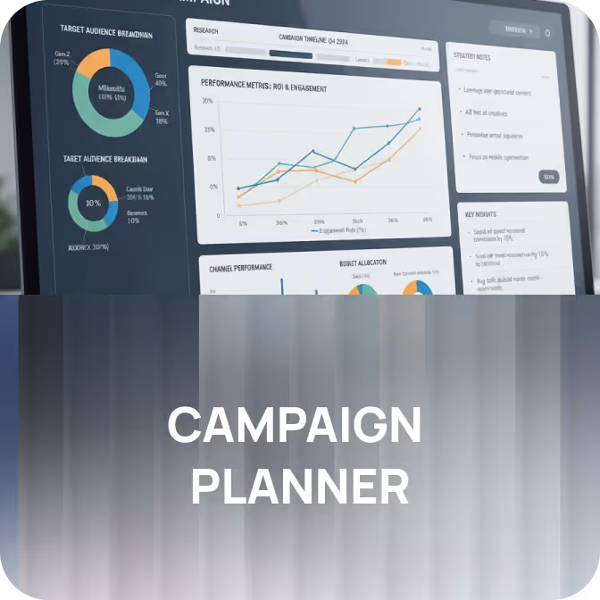 Digital campaign planner interface showing audience breakdown, engagement metrics, strategy notes, and key insights on a screen.