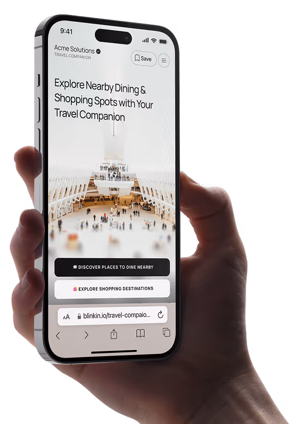 Hand holding a smartphone displaying a travel app with options to explore nearby dining and shopping spots.
